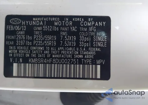 2013 Hyundai Santa Fe Limited from USA, damaged, VIN KM8SR4HF8DU002751